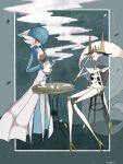  alternate_color antenna_hair blue_hair blue_skin blush bob_cut chair colored_skin cup dress gardevoir hair_over_one_eye highres holding holding_cup holding_teapot inb795 multicolored_skin on_chair pheromosa pokemon pokemon_(creature) purple_eyes shiny_pokemon signature sitting table teapot two-tone_skin white_dress white_skin 