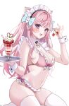  1girl :3 absurdres animal_ears aqua_bow bare_shoulders bikini black_choker blush bow braid breasts cat_choker cat_ears cat_girl cherry choker cleavage collar cup detached_collar extra_ears fingernails food frilled_bikini frills fruit ghost_hair_ornament hair_bow highres holding holding_cherry holding_tray ice_cream indie_virtual_youtuber large_breasts looking_at_viewer maid_headdress nail_polish navel o-ring o-ring_choker open_mouth oyuharu pink_bikini pink_bow pink_eyes pink_hair pink_nails seiza simple_background sitting smile solo stomach sundae swimsuit thighhighs thighs tray virtual_youtuber white_background white_collar white_thighhighs white_wrist_cuffs wrist_cuffs yuuki_sakuna 