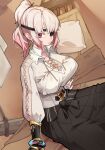  1girl absurdres artist_request black_skirt breasts cleavage closed_mouth commission eyepatch from_side gradient_hair highres large_breasts long_sleeves looking_at_viewer monster_hunter_(character) monster_hunter_(series) multicolored_hair one_eye_covered pink_eyes pink_hair ponytail second-party_source shirt sitting skirt solo vambraces white_shirt 