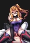  1boy 1girl amakubo_kaede assertive_female bare_shoulders black-framed_eyewear black_background black_gloves blush breasts cleavage cleavage_cutout clitoris clothed_sex clothing_aside clothing_cutout covered_navel cowgirl_position elbow_gloves girl_on_top glasses gloves hair_intakes hair_ornament hair_scrunchie hand_on_another&#039;s_chest hetero highres kouyoku_senki_exs-tia kuronekozero large_breasts leotard leotard_aside lextia long_hair looking_at_viewer navel orange_hair penis ponytail pov purple_leotard pussy scrunchie semi-rimless_eyewear sex simple_background smile solo_focus straddling thighhighs uncensored under-rim_eyewear vaginal 