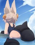  absurdres animal_ears arched_back ass ass_focus back blue_sky colored_skin dragon_boy dragon_horns dragon_tail dropping fins fish_tail fox_ears from_behind from_below girly_boy grey_hair highres horns huge_ass long_hair male_focus nade_arts original pool school_swimsuit shark_tail short_hair sky solo solo_focus summer sun swimsuit tail thick_thighs thigh_strap thighs water water_drop wet zaphy_(nade_arts) 