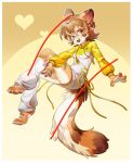 2023 4_fingers 4_toes accessory anthro biped border bottomwear breasts brown_ear_tips brown_hair brown_markings canid canine chinese_description clothed clothing colored countershade_face countershade_feet countershade_hands countershade_legs countershade_neck countershade_tail countershading dipstick_ears drawstring_hoodie ear_markings feet female fingers fully_clothed hair hair_accessory hi_res highlights_(coloring) legwear looking_at_viewer mammal markings midair multicolored_ears open_mouth open_smile pawpads pink_inner_ear pink_pawpads potatotanuki_(potatoximon) raccoon_dog shaded shorts side_view simple_background smile solo stripes tail tanuki toes unknown_artist white_body white_border white_countershading white_highlights