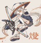  1girl black_shorts blue_hoodie bow_(weapon) colored_tips commentary_request dolphin_shorts grey_hair hat highres holding holding_bow_(weapon) holding_weapon hood hoodie inkling inkling_girl inkling_player_character long_hair multicolored_hair orange_eyes orange_hair osakanagumi11 pointy_ears rice_hat sandals shorts solo splatoon_(series) splatoon_3 star-shaped_pupils star_(symbol) symbol-shaped_pupils tentacle_hair thick_eyebrows tri-stringer_(splatoon) two-tone_hair very_long_hair weapon 