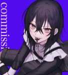  ambiguous_gender black_hair black_shirt black_shorts blue_eyes blush commentary_request commission cross cross_in_mouth cross_necklace fangs frills from_above hair_between_eyes highres jewelry kumo_tabetai long_hair looking_at_viewer multicolored_eyes necklace open_mouth original purple_background shirt shorts simple_background sitting solo teeth tongue tongue_out upper_teeth_only yellow_eyes 