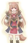  1girl animal_ear_fluff animal_ears armor belt black_belt black_dress blunt_bangs boots breastplate breasts brown_boots brown_gloves brown_hair collared_dress commentary_request dress elbow_gloves gloves hands_up high_collar highres leather_armor long_hair long_sleeves looking_at_viewer medium_breasts metal_arm_cuffs metal_wrist_cuffs neck_ribbon open_mouth pauldrons raccoon_ears raccoon_girl raccoon_tail raphtalia red_dress red_eyes red_ribbon ribbon short_dress shoulder_armor single_pauldron sleeveless sleeveless_dress solo straight-on straight_hair striped_clothes striped_dress t2r tail tate_no_yuusha_no_nariagari thigh_boots two-tone_background two-tone_dress vertical-striped_clothes vertical-striped_dress white_background white_dress yellow_background zettai_ryouiki 
