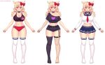 1girl animal_ears asymmetrical_clothes asymmetrical_legwear belt black_belt black_nails black_sports_bra black_thighhighs blonde_hair blush bow breasts cat_ears collar cutoffs elbow_gloves gloves highres large_breasts long_hair long_sleeves looking_at_viewer micro_shorts midriff mismatched_legwear multicolored_hair multiple_views navel nottytiffy open_mouth original pleated_skirt red_bow red_eyes red_hair sailor_collar school_uniform serafuku shirt shorts single_elbow_glove single_fishnet_armwear single_fishnet_legwear skirt spiked_collar spikes sports_bra streaked_hair thighhighs tiffy_(nottytiffy) white_background white_shirt white_thighhighs 