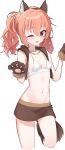  1girl ;d absurdres animal_ear_fluff animal_ear_hairband animal_ears animal_hands bare_shoulders blush boots bra breasts brown_boots brown_hairband brown_skirt brown_vest chain chain_necklace collarbone commentary covered_nipples cowboy_shot fake_animal_ears fake_tail fur-trimmed_gloves fur_trim gloves groin hair_between_eyes hairband halloween_costume hands_up happy highres inaba_meguru jewelry lcz long_hair looking_at_viewer miniskirt navel necklace official_alternate_costume official_alternate_hairstyle one_eye_closed open_clothes open_mouth open_vest orange_hair paw_gloves red_eyes sanoba_witch sidelocks skirt small_breasts smile solo standing standing_on_one_leg stomach symbol-only_commentary tail twintails underwear vest w_arms wavy_hair werewolf_costume white_bra wolf_ears wolf_tail 