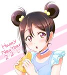 1girl 2020 blue_dress brown_hair cheese chinese_zodiac choker ckst dress food frilled_choker frills hair_bun hands_up happy_new_year highres holding holding_food light_blush looking_at_viewer looking_to_the_side love_live! love_live!_school_idol_project official_alternate_costume official_alternate_hairstyle open_mouth pink_background portrait red_eyes sidelocks solo teeth two-tone_background upper_teeth_only white_background yazawa_nico year_of_the_rat yume_no_tobira 