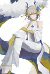  1girl absurdres ambience_synesthesia arknights bare_shoulders blonde_hair blue_hair choker closed_mouth colored_extremities commentary dragon_girl dragon_horns dragon_tail full_body grey_eyes grey_hair hair_between_eyes hand_on_own_arm hand_on_own_knee highres horns light_smile long_hair multicolored_hair off_shoulder official_alternate_costume pointy_ears shizuyumemi shu_(arknights) shu_(bingwenyuyou)_(arknights) simple_background sitting solo tail unfinished white_background yellow_choker 