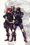  1boy 1girl absurdres aiming assault_rifle bandana belt boots chris_jenner elbow_pads gun hand_on_own_hip handgun headband highres holding holding_gun holding_weapon holster knee_pads legs_apart long_hair looking_back metal_gear:_ghost_babel metal_gear_(series) military official_art over_shoulder promotional_art red_hair rifle shinkawa_youji smile sneaking_suit solid_snake thigh_holster utility_belt weapon 