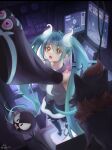  1girl 2others aqua_hair armpit_crease arms_up black_skirt breasts chiseru_01 computer detached_sleeves fangs gastly ghost_miku_(project_voltage) glitch grey_shirt hair_between_eyes hair_ornament hatsune_miku heart heart-shaped_pupils long_hair long_sleeves looking_at_another looking_up medium_breasts monitor multiple_others official_alternate_costume official_alternate_hairstyle open_mouth pokemon pokemon_(creature) project_voltage shirt skirt sleeves_past_wrists symbol-shaped_pupils twintails very_long_hair vocaloid wide_sleeves yellow_eyes zoroark 