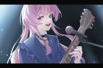  1girl :d bang_dream! bang_dream!_it&#039;s_mygo!!!!! black_choker blue_gemstone blue_jacket chain chain_necklace chihaya_anon chinese_commentary choker commentary_request fang frilled_jacket frills gem glint grey_eyes guitar hand_up highres holding holding_guitar holding_instrument instrument jacket jewelry letterboxed light_particles long_hair long_sidelocks long_sleeves looking_at_viewer microphone microphone_stand monnku necklace open_mouth pendant pink_hair sidelocks smile solo teeth upper_body upper_teeth_only 