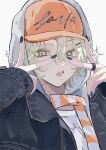 1boy baseball_cap black_jacket black_nails blonde_hair green_eyes hair_between_eyes hair_ornament hairclip hat highres hood jacket jewelry long_sleeves looking_at_viewer male_focus mole mole_under_eye mole_under_mouth nail_polish open_mouth original ring scarf shirt short_hair simple_background solo sparkle tofu_momen5 white_background white_shirt 