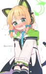  1girl animal_ear_headphones animal_ears artist_name black_skirt black_tail black_thighhighs blonde_hair blue_archive blue_necktie blush bow buttons cat_ear_headphones collared_shirt fake_animal_ears green_bow green_eyes green_halo hair_bow halo headphones heavy_breathing highres hood hood_down hooded_jacket jacket layered_sleeves long_sleeves midori_(blue_archive) necktie nose_blush open_clothes open_jacket open_mouth school_uniform shirt simple_background skirt solo standing tail thighhighs twitter_username unbuttoned v white_background white_jacket white_shirt wide_sleeves yuune_(ayanepuna) 