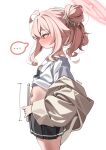  ... 1girl absurdres black_skirt blue_archive blush drumsticks hair_bun halo highres holding holding_drumsticks jacket long_sleeves measuring miniskirt natsu_(band)_(blue_archive) natsu_(blue_archive) navel nose_blush official_alternate_costume open_clothes open_jacket pink_halo pleated_skirt red_eyes rirua_(kjom802) shirt skirt speech_bubble spoken_ellipsis white_shirt yellow_jacket 