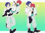  1boy 1girl amate_yuzuriha aqua_eyes aqua_shirt aqua_skirt blue_hair blush carrying carrying_person closed_eyes closed_mouth collared_shirt colored_inner_hair couple gloves gundam gundam_gquuuuuux haro highres holding long_sleeves multicolored_hair necktie open_mouth princess_carry purple_hair red_eyes red_hair school_uniform shirt short_hair shuji_ito skirt smile sweater tamagodamaco tank_top two-tone_hair white_shirt 