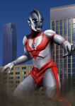  1boy alien blue_eyes blue_sky building city cityscape collarbone color_timer colored_skin commentary compound_eyes day debris dorsal_fin dust_cloud feet_out_of_frame gattyo giant hashtag-only_commentary highres legs_apart looking_ahead male_focus multicolored_skin muscular muscular_male no_pupils open_hand outdoors pectorals red_skin silver_skin sky skyscraper solo spread_fingers standing tokusatsu two-tone_skin ultra_series ultraman:_the_ultimate_hero ultraman_powered wrinkled_skin 