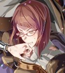  1girl belt broken_eyewear brown_eyes clenched_teeth diagonal_bangs embers eyelashes fire_emblem fire_emblem_awakening glasses grimace hair_tubes hat highres injury miriel_(fire_emblem) o-ring red-framed_eyewear red_hair scratches short_hair solo sweatdrop teeth tsujii_luki witch_hat wizard_hat wrist_guards 