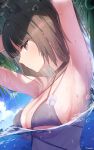  1girl absurdres animal_ear_fluff animal_ears armpits bikini black_choker black_hair blue_archive blue_bikini breasts choker commentary_request criss-cross_halter halterneck highres kikyou_(blue_archive) kikyou_(swimsuit)_(blue_archive) large_breasts looking_at_viewer official_alternate_costume partially_submerged red_eyes sideboob solo swimsuit tokcha underboob wet 