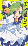  1girl :p absurdres akanbe animal_ears animal_hat apron bell blue_bow blue_bowtie blue_dress bow bowtie cat_ears cat_girl cat_hat cat_tail closed_mouth commentary dejiko di_gi_charat dress eyelid_pull finger_to_eye gloves green_background green_eyes green_hair hair_bell hair_bow hair_ornament hand_on_own_hip hat highres jingle_bell maid_apron neck_bell parted_bangs short_hair short_sleeves solo tail tongue tongue_out translated umi_kemushi v-shaped_eyebrows white_apron white_gloves white_hat white_tail 