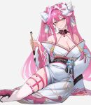  1girl absurdres animal_ears bare_shoulders bell black_choker black_sandals black_sash breasts cat_mask choker cleavage closed_mouth collarbone commentary earrings eipanguino english_commentary extra_ears fingernails grey_background hair_intakes hair_ornament hair_ribbon hair_stick heart_collar highres holding holding_paintbrush hololive hololive_english japanese_clothes jewelry jingle_bell kimono large_breasts long_hair mask mask_on_head multicolored_hair nail_polish paintbrush panther_ears panther_girl pink_hair pink_nails raora_panthera raora_panthera_(new_year) ribbon sandals sash simple_background sitting skindentation smile solo streaked_hair thigh_strap thighhighs thighs twintails virtual_youtuber white_fur white_kimono white_ribbon white_thighhighs 