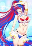  1girl :d ass_visible_through_thighs bikini blue_bikini blue_eyes blue_hair breasts criss-cross_halter crossed_bangs female_alear_(fire_emblem) female_alear_(seaside_dragon)_(fire_emblem) fire_emblem fire_emblem_engage fire_emblem_heroes gold_armlet gold_thighlet halterneck heterochromia highres long_hair medium_breasts multicolored_bikini multicolored_hair multicolored_swimsuit official_alternate_costume official_alternate_hairstyle open_mouth ponytail red_bikini red_eyes red_hair showgirl_skirt skindentation smile solo split-color_hair swimsuit sylphy_fe two-tone_hair very_long_hair white_bikini 