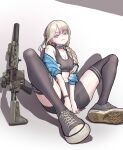  1girl absurdres arms_between_legs assault_rifle barefoot black_shirt black_shoes black_sports_bra black_thighhighs blonde_hair blue_eyes blue_jacket braid braided_ponytail breasts cleavage collar converse frown gun h&amp;k_hk416 hair_over_shoulder highres jacket legs long_hair looking_at_viewer mechanical_collar medium_breasts navel nyo551 off_shoulder open_clothes open_jacket original rifle shirt shoes simple_background sitting solo sports_bra thighhighs thighs weapon 