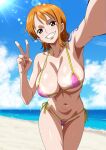  1girl beach bikini blue_sky blush breasts brown_eyes cleavage covered_nipples cowboy_shot day grin large_breasts looking_at_viewer micro_bikini minpei_ichigo nami_(one_piece) navel ocean one_piece orange_hair pink_bikini short_hair sky smile solo stomach swimsuit v 