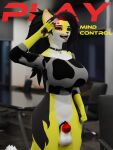 3:4 3d_(artwork) absurd_res anthro balls big_breasts blender_cycles bottomless breasts chastity_cage chastity_device clawe clothed clothing collar depth_of_field digital_media_(artwork) domestic_cat drone english_text eye_roll felid feline felis genitals gesture gynomorph haolde herm_(lore) hi_res huge_breasts intersex looking_up mammal mind_control office open_mouth salute solo text tongue tongue_out