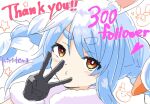  1girl animal_ear_fluff animal_ears black_gloves blue_hair blush braid brown_eyes closed_mouth commentary_request fur-trimmed_gloves fur_trim gloves hair_between_eyes hand_up highres hololive kiritoma looking_at_viewer middle_w milestone_celebration multicolored_hair pekomon_(usada_pekora) portrait rabbit-shaped_pupils rabbit_ears short_eyebrows signature simple_background solo star_(symbol) symbol-shaped_pupils thank_you thick_eyebrows twin_braids twintails two-tone_hair upper_body usada_pekora usada_pekora_(1st_costume) virtual_youtuber w white_background white_hair 