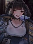  1girl belt black_bra black_choker black_hair blue_skirt blush bra bra_visible_through_clothes breasts cellphone choker coin collarbone cowboy_shot fangs goddess_of_victory:_nikke gold_coin half-closed_eyes highres huazhimaru0 jacket lace-trimmed_bra lace_trim large_breasts long_hair looking_at_viewer medicine_bottle mole mole_under_eye open_clothes open_jacket open_mouth outdoors phone red_eyes shirt skirt smartphone sora_(nikke) twintails underwear white_shirt wireless_earphones 