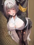  1girl absurdres admiral_zenker_(azur_lane) admiral_zenker_(fun_with...interrogations?)_(azur_lane) ananda_hikari arms_up azur_lane bent_over black_bra black_choker black_jacket black_skirt bra breasts choker cleavage highres jacket large_breasts long_hair looking_at_viewer miniskirt multicolored_hair open_clothes open_jacket pantyhose partially_unbuttoned red_eyes red_hair see-through_clothes see-through_shirt shirt skirt solo standing streaked_hair thighs torn_clothes torn_pantyhose two-tone_hair unbuttoned unbuttoned_shirt underwear very_long_hair white_hair white_shirt 