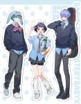  1girl 2boys alternate_costume animal_ears aqua_eyes aqua_hair aqua_nails arm_up baby_(kpop_demon_hunters) black_hair black_pants black_shoes black_shorts black_skirt blue_shirt blue_sweater bow bowtie brown_eyes closed_mouth collared_shirt couple double_bun earrings english_text fake_animal_ears friends full_body hair_bun hair_ornament hair_over_eyes hair_up hairclip hand_in_pocket hand_on_own_hip hand_on_own_neck happy hashtag-only_commentary hat head_tilt highres instrument_case_on_back jeokgwang jewelry knees_together_feet_apart kpop_demon_hunters long_sleeves looking_at_viewer looking_to_the_side loose_necktie multiple_boys mystery_(kpop_demon_hunter) necktie open_mouth pants purple_hair shirt shoes short_bangs short_hair short_shorts short_sleeves shorts skirt smile standing sweater swept_bangs teeth thighs tongue tongue_out upper_teeth_only v white_shoes zoey_(kpop_demon_hunters) 