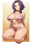  1girl arms_behind_back bare_shoulders barefoot bikini boku_no_hero_academia border breasts breasts_apart bright_pupils cameltoe evoltodraw full_body gradient_background highleg highleg_bikini highres kneeling lady_nagant large_breasts looking_at_viewer medium_hair multicolored_hair navel parted_lips purple_bikini purple_eyes purple_hair scar scar_on_arm scar_on_chest scar_on_face scar_on_leg scar_on_stomach sidelocks smile solo stomach streaked_hair swimsuit white_border white_pupils yellow_background 