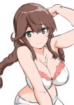  1girl 30-06 arm_behind_head arm_support blush bra braid breasts brown_hair closed_mouth frilled_bra frills green_eyes hair_between_eyes highres kantai_collection large_breasts long_hair looking_at_viewer low_twin_braids noshiro_(kancolle) swept_bangs twin_braids underwear white_bra 