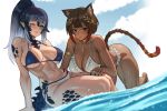  2girls abs animal_ears au_ra bikini black_hair blue_bikini blue_eyes blush braid breasts brown_hair cat_ears cleavage closed_mouth colored_tips commission dark-skinned_female dark_skin dragon_horns dragon_tail final_fantasy final_fantasy_xiv hair_between_eyes highres horns large_breasts laurels medium_hair miqo'te multicolored_hair multiple_girls nail_polish navel ocean one_eye_closed ponytail red_eyes scales seventeencrows short_hair smile stomach swimsuit tail warrior_of_light_(ff14) white_bikini 