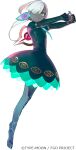  1girl :o aqua_tongue barefoot black_dress bright_pupils colored_skin dress fate/grand_order fate_(series) full_body girl_vajra_(fate) green_eyes grey_skin interlocked_fingers long_hair looking_at_viewer official_art open_mouth outstretched_arms pako_(pakosun) ponytail short_dress sleeves_past_wrists solo thumb_hole_sleeves transparent_background white_hair white_pupils 