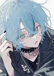 1boy black_choker black_jacket black_nails black_shirt blue_hair braid choker earrings green_eyes highres jacket jewelry long_sleeves looking_at_viewer male_focus nail_polish necklace open_mouth original shirt short_hair simple_background solo tofu_momen5 white_background 