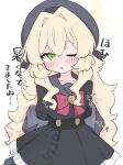  1girl arms_behind_back beret black_serafuku black_shirt black_skirt blonde_hair blue_archive blush bow commentary_request frilled_skirt frills green_eyes grey_hat grey_jacket grey_sailor_collar hair_between_eyes hair_intakes halo hat highres jacket kujou_karasuma long_hair looking_at_viewer off_shoulder one_eye_closed open_clothes open_jacket parted_lips pleated_skirt professor_niyaniya_(blue_archive) red_bow sailor_collar school_uniform serafuku shirt simple_background skirt solo sweat translation_request very_long_hair watermark white_background 