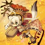  1boy ahoge animal_ears bare_shoulders blonde_hair emil_chronicle_online familiar folding_fan green_eyes hand_fan rakisuke short_shorts shorts shugoma_kikuzuki tail weasel 