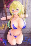  1girl amputee aqua_hair bikini blonde_hair blue_bikini blue_eyes blush breasts brick_wall ceru_foxhound cleavage collarbone graffiti highres large_breasts long_hair multicolored_hair navel quadruple_amputee restrained rope ruiruipanda side-tie_bikini_bottom solo star-shaped_pupils star_(symbol) streaked_hair swimsuit symbol-shaped_pupils vallure virtual_youtuber 