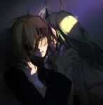  1boy 1girl bare_shoulders black_shirt blonde_hair closed_mouth collared_shirt dimitri_alexandre_blaiddyd dimitri_alexandre_blaiddyd_(timeskip) dragon_girl dragon_horns dragon_wings eyelashes eyepatch female_byleth_(fire_emblem) fire_emblem fire_emblem:_three_houses green_hair grey_robe hand_on_another&#039;s_shoulder horns long_hair long_pointy_ears long_sleeves looking_at_another looking_to_the_side medium_hair one_eye_covered parted_lips pointy_ears popped_collar robe shirt sideways_glance smile supi_002 turtleneck upper_body wings 