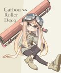  1girl black_pants breast_pocket carbon_roller_(splatoon) closed_mouth collared_shirt commentary eyelashes goggles goggles_on_head grey_shirt grey_shoes highres holding holding_weapon inkling inkling_girl inkling_player_character long_hair looking_at_viewer orange_hair osakanagumi11 pants pocket pointy_ears shirt shoes sitting solo splatoon_(series) splatoon_3 symbol-only_commentary tentacle_hair weapon weapon_name white_eyes yellow_background 