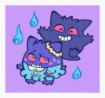  arms_up billspooks blue_dress blush blush_stickers border closed_eyes colored_sclera commentary dress english_commentary floating full_body gengar grin highres hilary_(pokemon) pokemon pokemon_(anime) pokemon_(creature) poketoon purple_background red_sclera simple_background smile sweat teeth white_border white_eyes will-o&#039;-the-wisp_(mythology) 