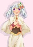  1girl acolyte_(ragnarok_online) blush capelet commentary_request cowboy_shot flower hair_flower hair_ornament long_sleeves looking_at_viewer medium_hair meiko_(nattu303) open_mouth pink_background pink_shirt purple_eyes ragnarok_online shirt simple_background skirt smile solo teeth upper_teeth_only white_capelet white_flower white_hair white_skirt 