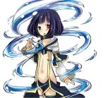  1girl belt belt_collar black_belt black_eyes black_pants blush collar commentary_request cowboy_shot crop_top flat_chest front_slit hydrokinesis looking_at_viewer meiko_(nattu303) navel open_mouth pants purple_hair ragnarok_online red_eyes shirt simple_background solo suspenders warlock_(ragnarok_online) water white_background white_shirt 
