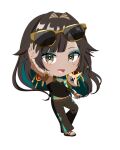  1girl :d anu_ochre aqua_hair aqua_nails black_hair black_pants black_shoes bond_en bondlive chibi colored_inner_hair dark-skinned_female dark_skin eyeshadow eyewear_on_head full_body hair_intakes long_hair makeup mole mole_under_eye multicolored_hair pants shoes simple_background smile solo streaked_hair sunglasses ta_ma_go0 toenails tongue transparent_background virtual_youtuber yellow-framed_eyewear yellow_eyes 
