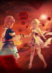  2girls absurdres black_gloves blonde_hair breasts brown_hair direidyth_(genshin_impact) dress flower genshin_impact glitch gloves hair_flower hair_ornament highres holding_hands lens_flare long_hair long_sleeves lumine_(genshin_impact) medium_breasts multiple_girls outdoors qise_zhijing short_hair_with_long_locks sidelocks white_dress white_flower yellow_eyes 