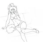  anthro black_and_white bra breasts canine clothing female fur hair heels legwear line_art looking_at_viewer mammal monochrome open_mouth panties plain_background sierra_blakely sitting smile sofa solo stockings underwear white_background wolf x-leon-x 