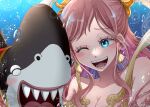  1girl bikini blue_eyes blush earrings eyelashes fish_hair_ornament guardian_1132 hagoromo hair_ornament highres jewelry megalo mermaid monster_girl one_eye_closed one_piece open_mouth pink_hair shark sharp_teeth shawl shell shell_earrings shirahoshi sidelocks smile swept_bangs swimsuit teeth underwater yellow_bikini 